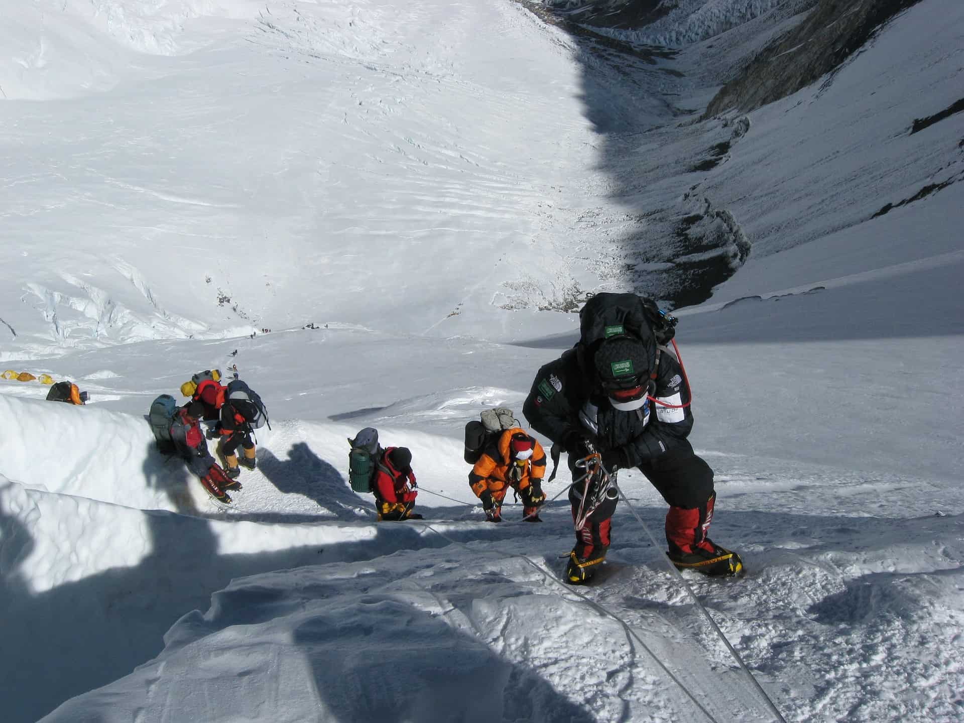 Climbers on snowy Everest